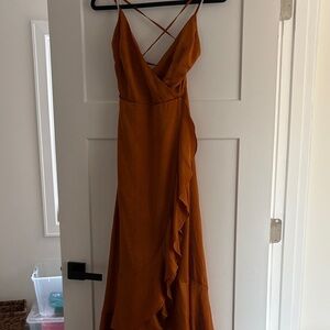 Lulu's Asymmetrical Rust Dress with Ruffle Detail